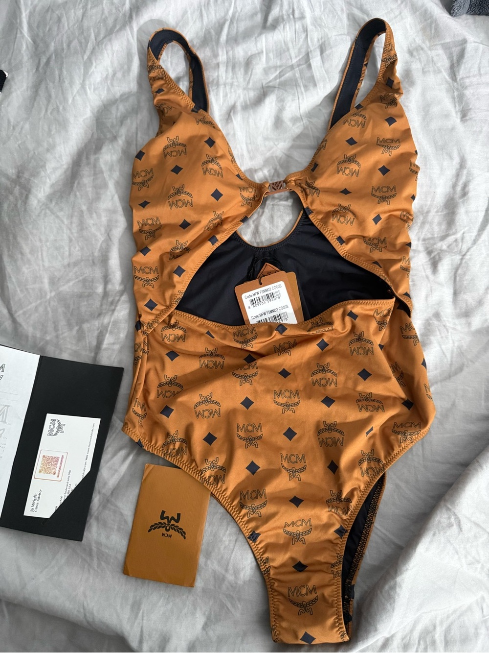 MCM Cognac Logo Cutout One-Piece Swimsuit with Black Accents